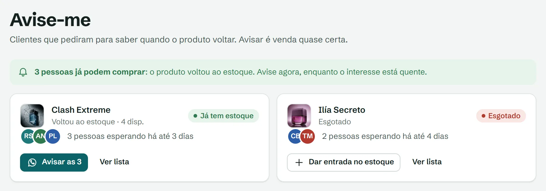 Tela Avise-me: produto que voltou ao estoque com 3 clientes esperando e o botão para avisar pelo WhatsApp