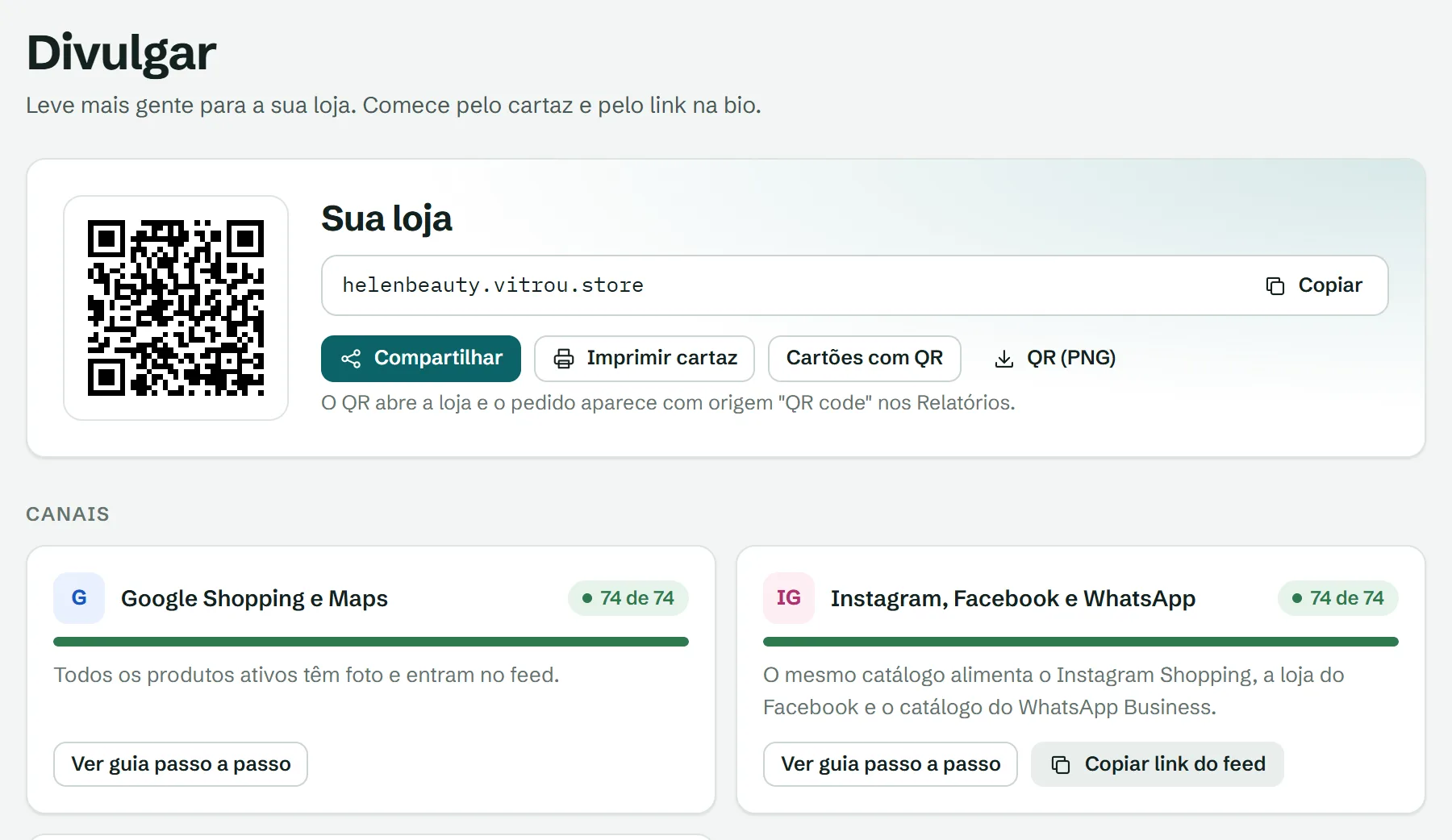 Tela Divulgar com o QR code da loja, o cartaz e os canais Google e Instagram
