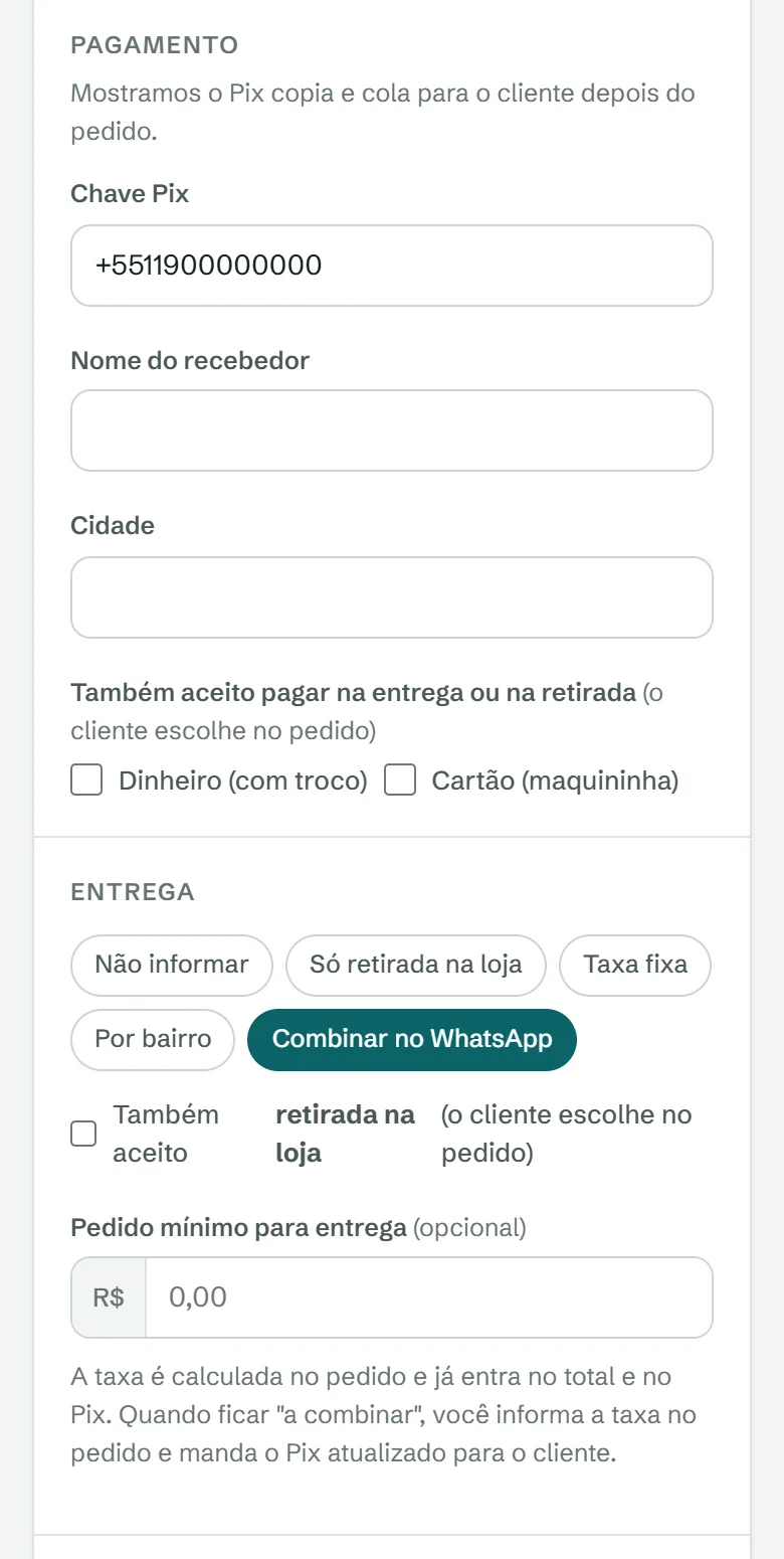 Painel da Vitrou, tela Dados da loja: chave Pix e entrega com a opção Combinar no WhatsApp