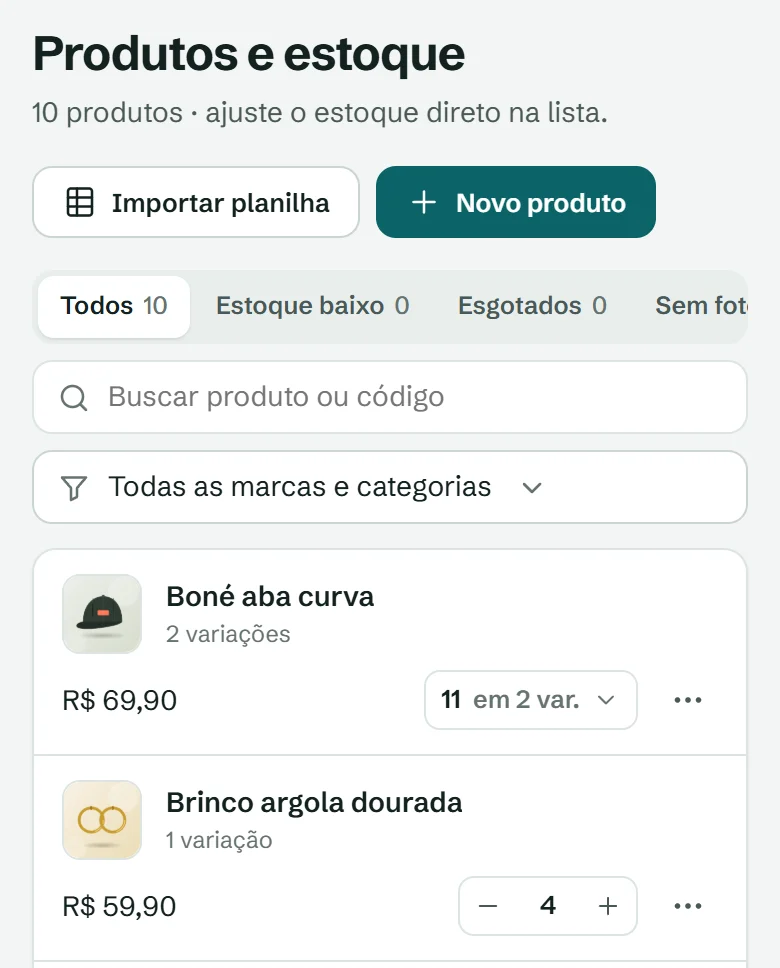 Painel da Vitrou, tela Produtos e estoque: lista de produtos com preço e estoque ajustável