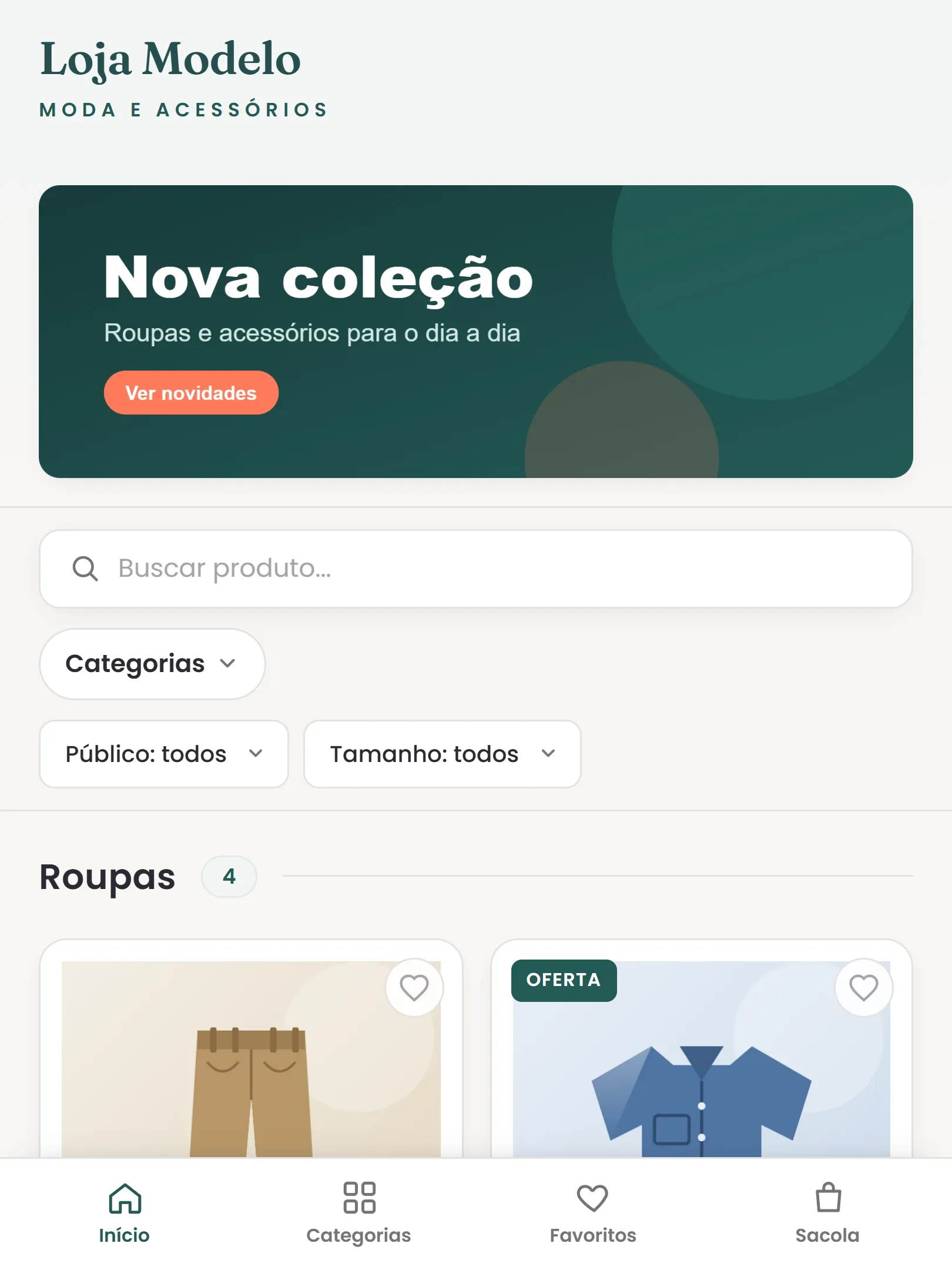 Loja de moda no tablet: banner, busca, filtros de público e tamanho e roupas com foto