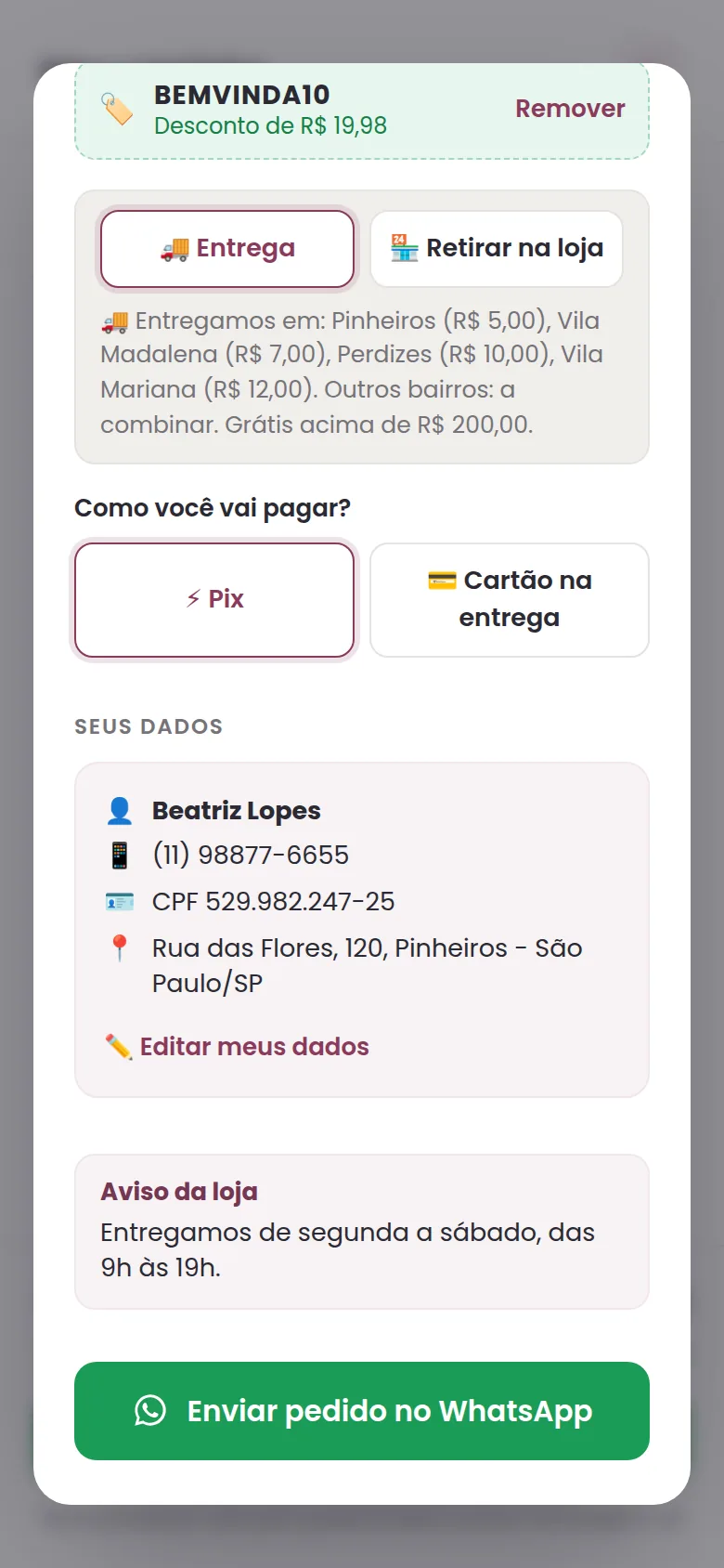 Finalizar pedido com cupom aplicado