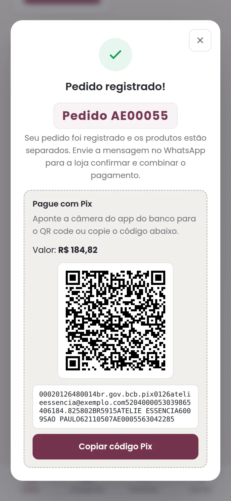 Pedido registrado com Pix
