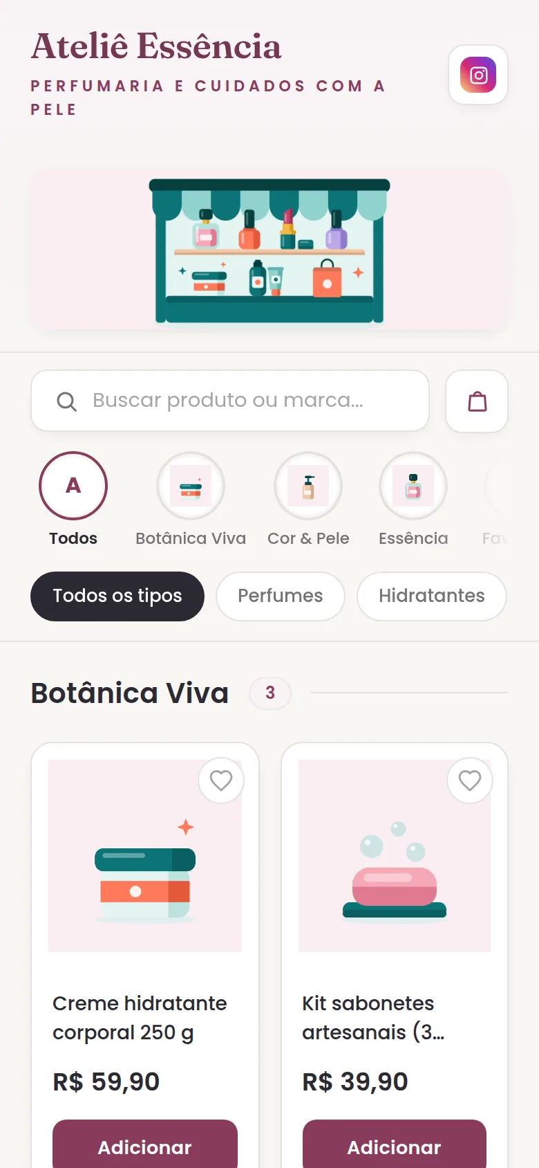 Loja no formato vitrine com folhas