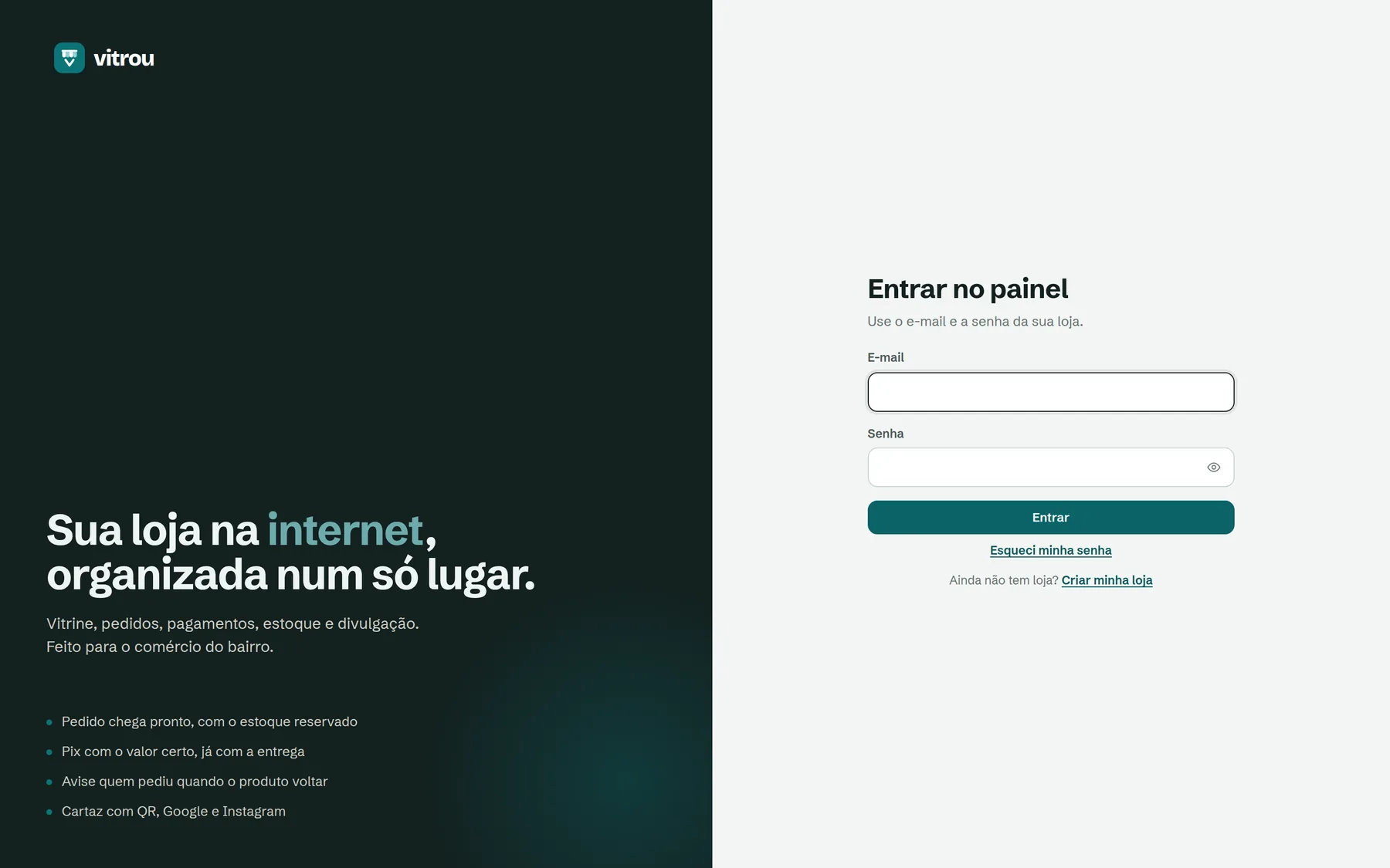 Tela de login do painel Vitrou