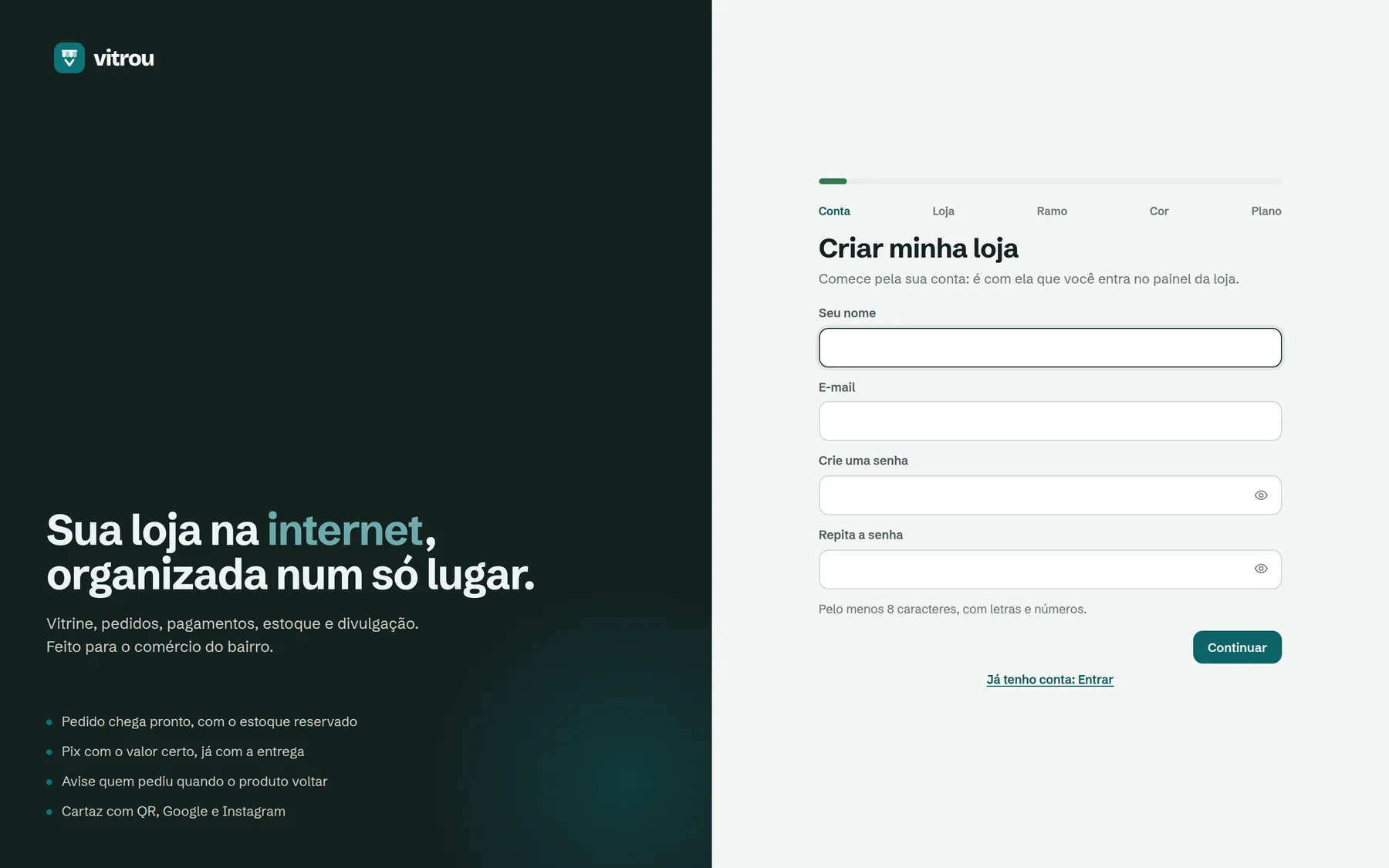 Primeiro passo de Criar minha loja: a sua conta