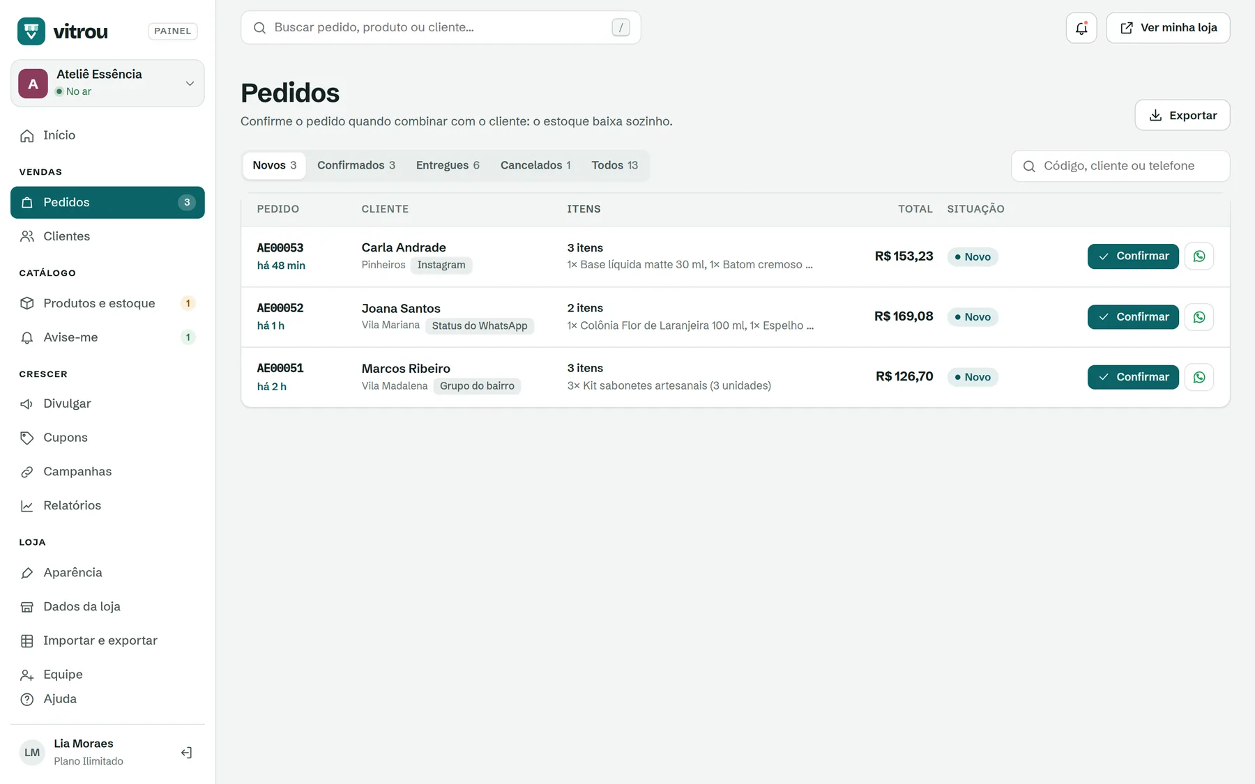 Lista de pedidos novos