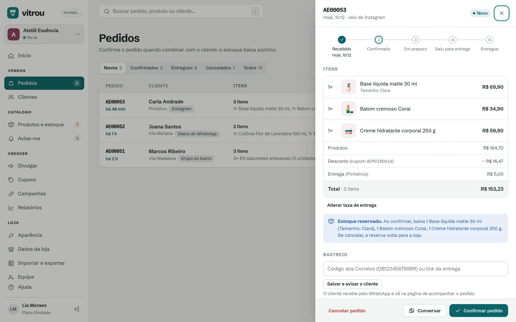 Painel do pedido novo com itens, cupom e dados da cliente