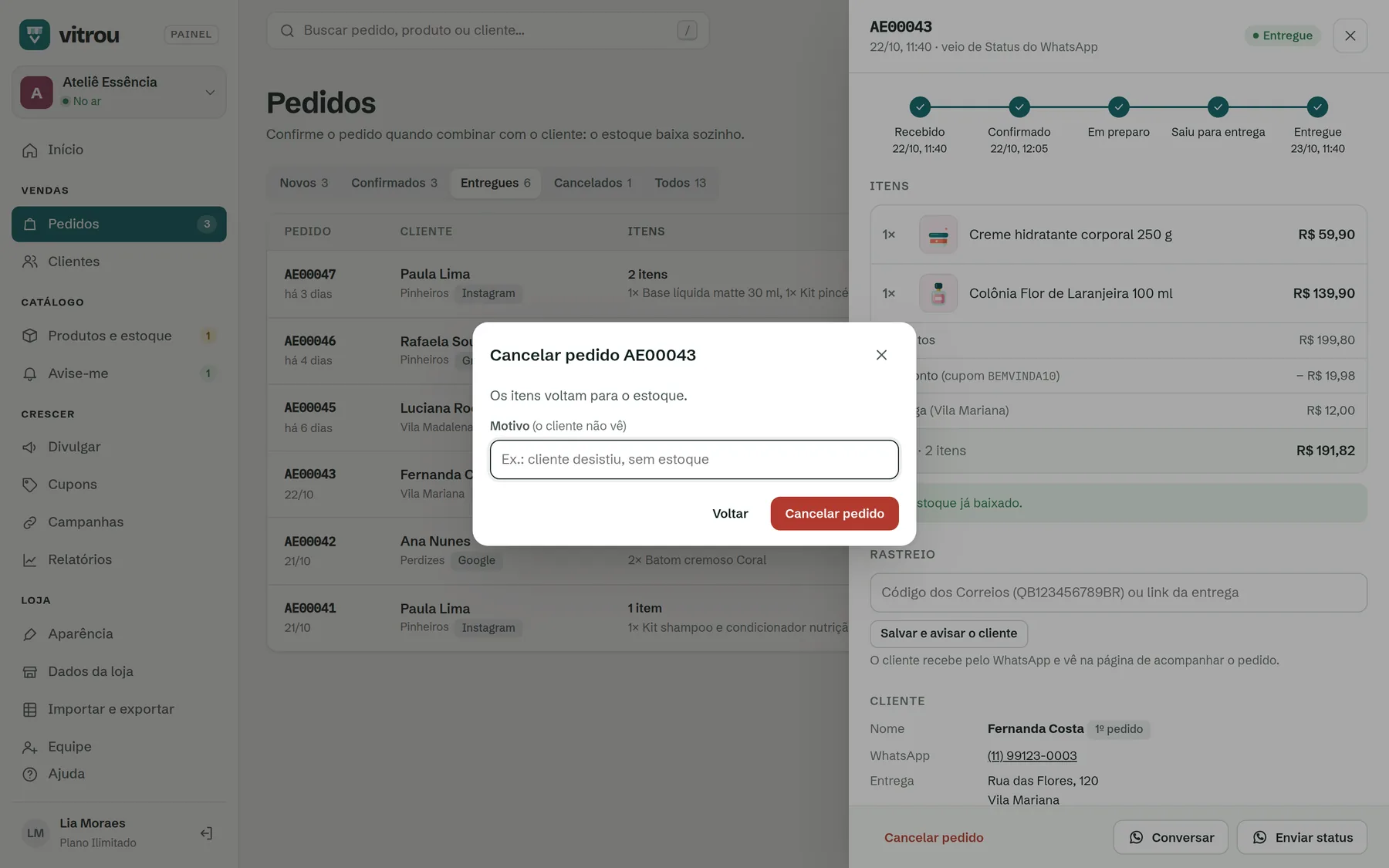 Janela de cancelar pedido