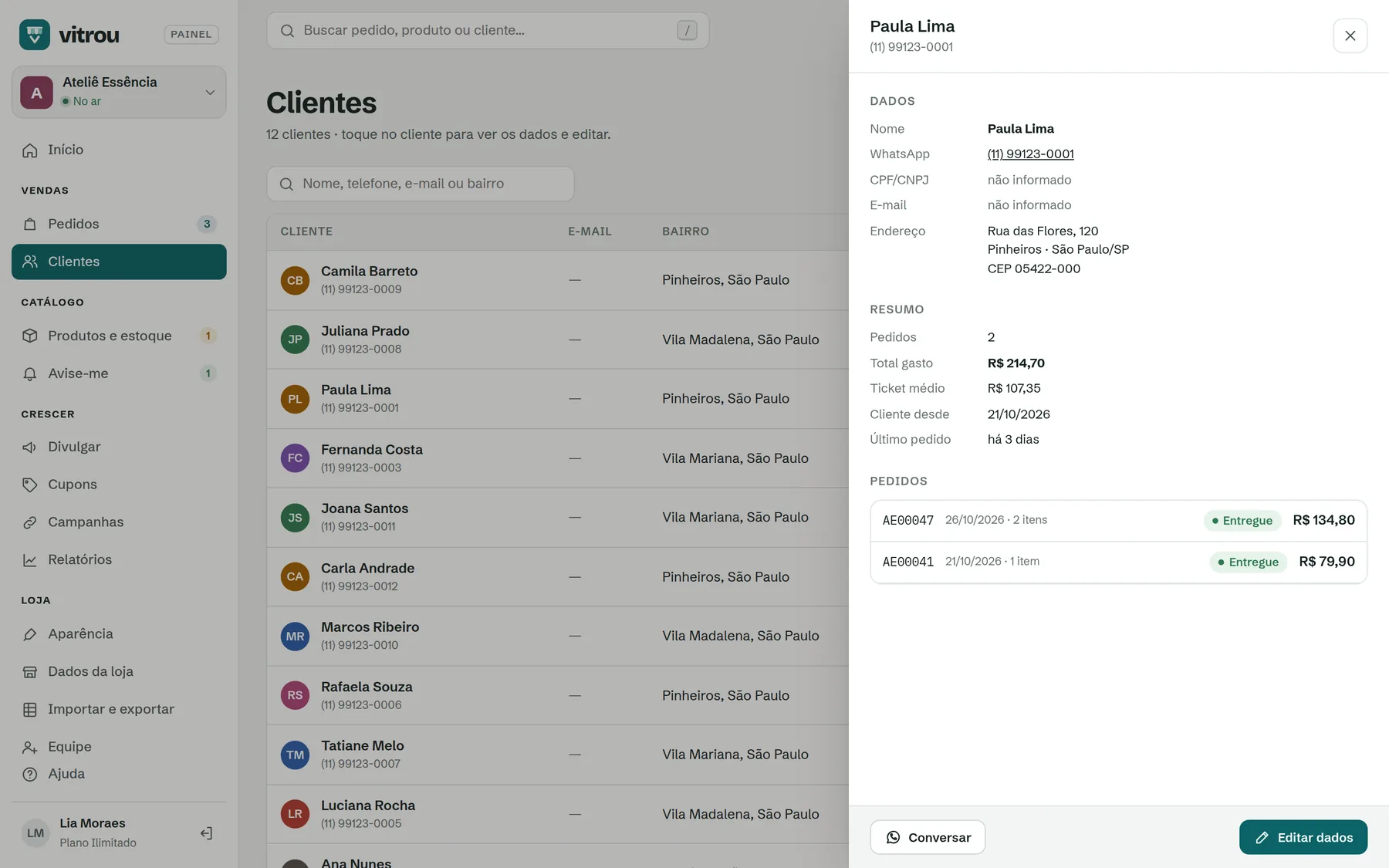 Painel de uma cliente com resumo e pedidos