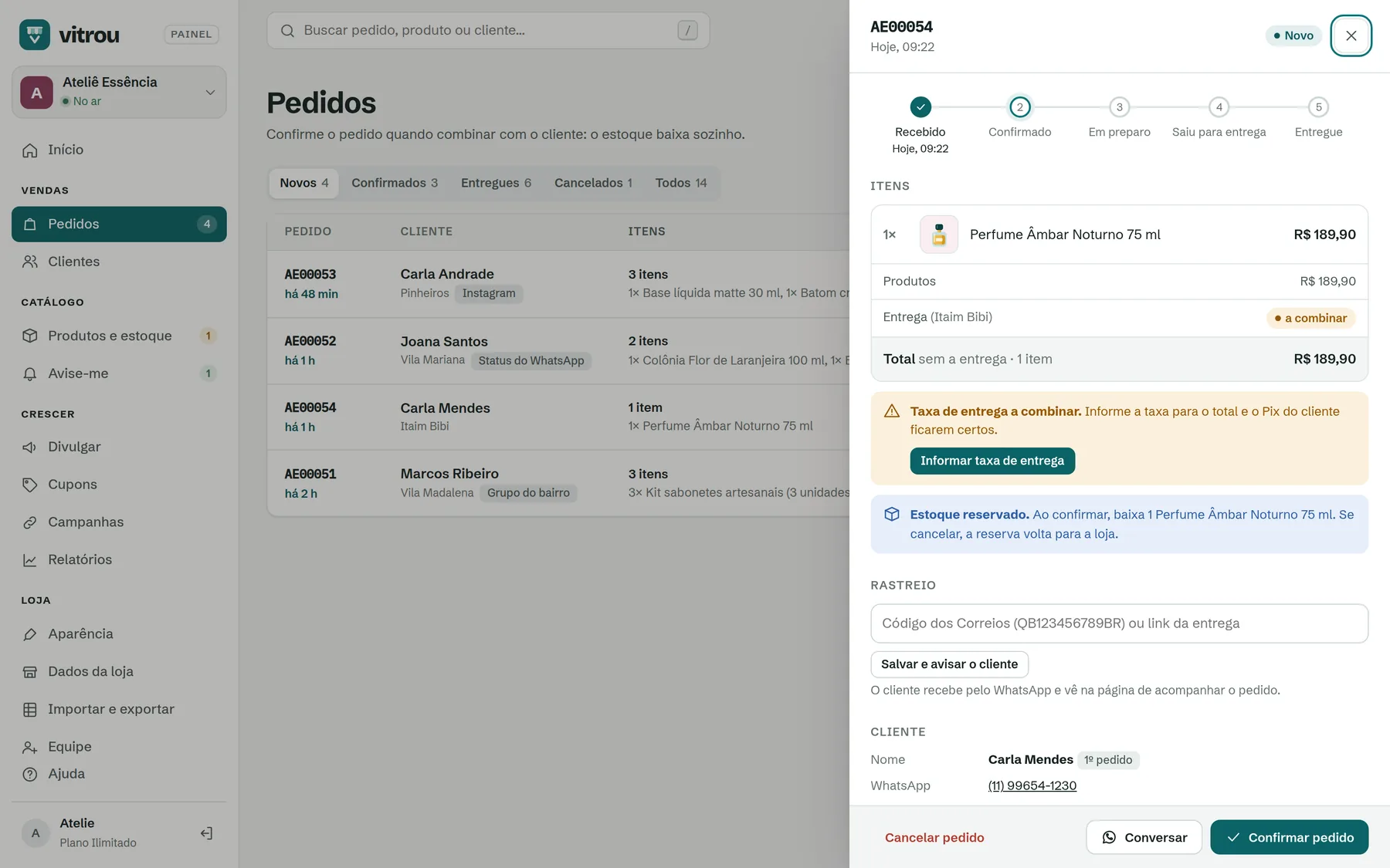 Pedido com entrega a combinar e o botão Informar taxa de entrega