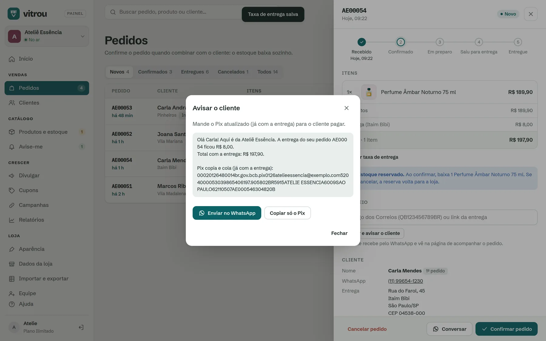 Janela Avisar o cliente com o Pix atualizado