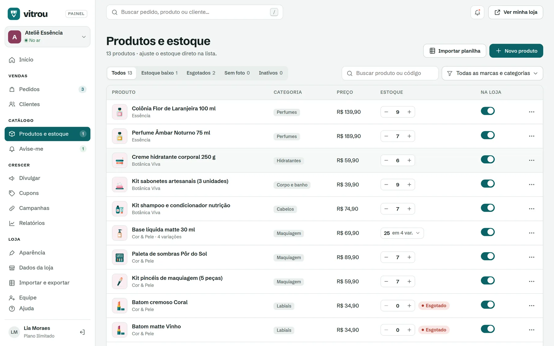 Lista de produtos com filtros e estoque