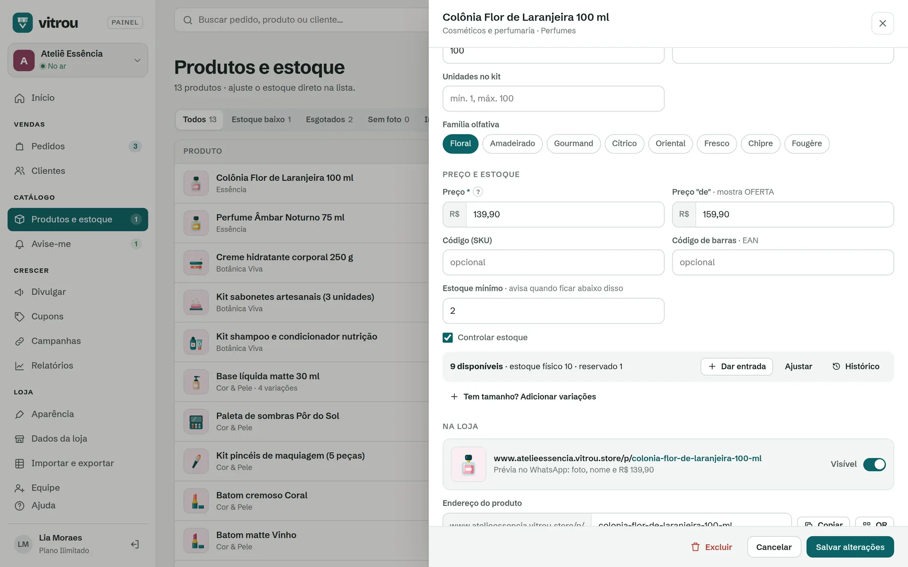 Seção preço e estoque do produto
