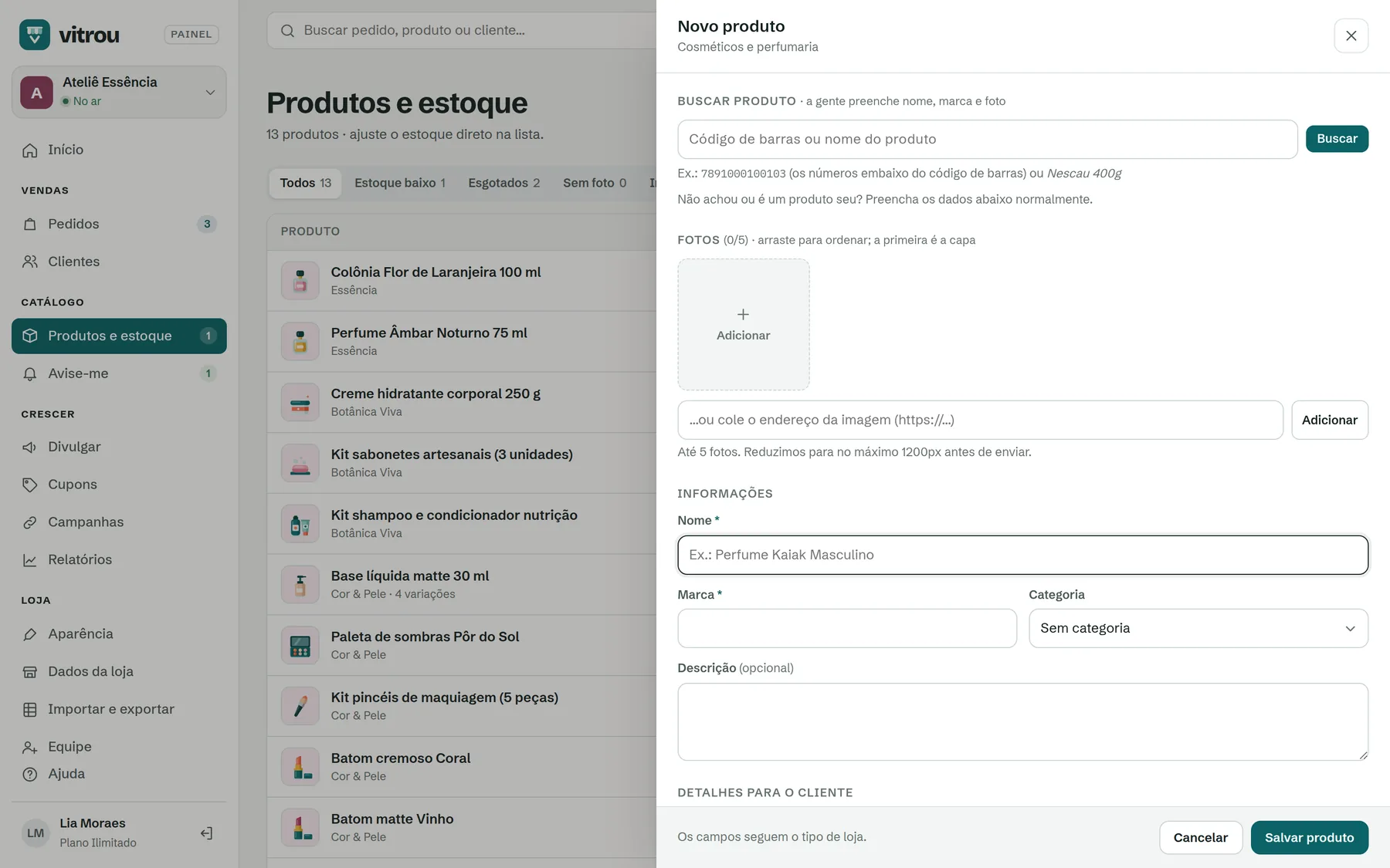 Painel de novo produto