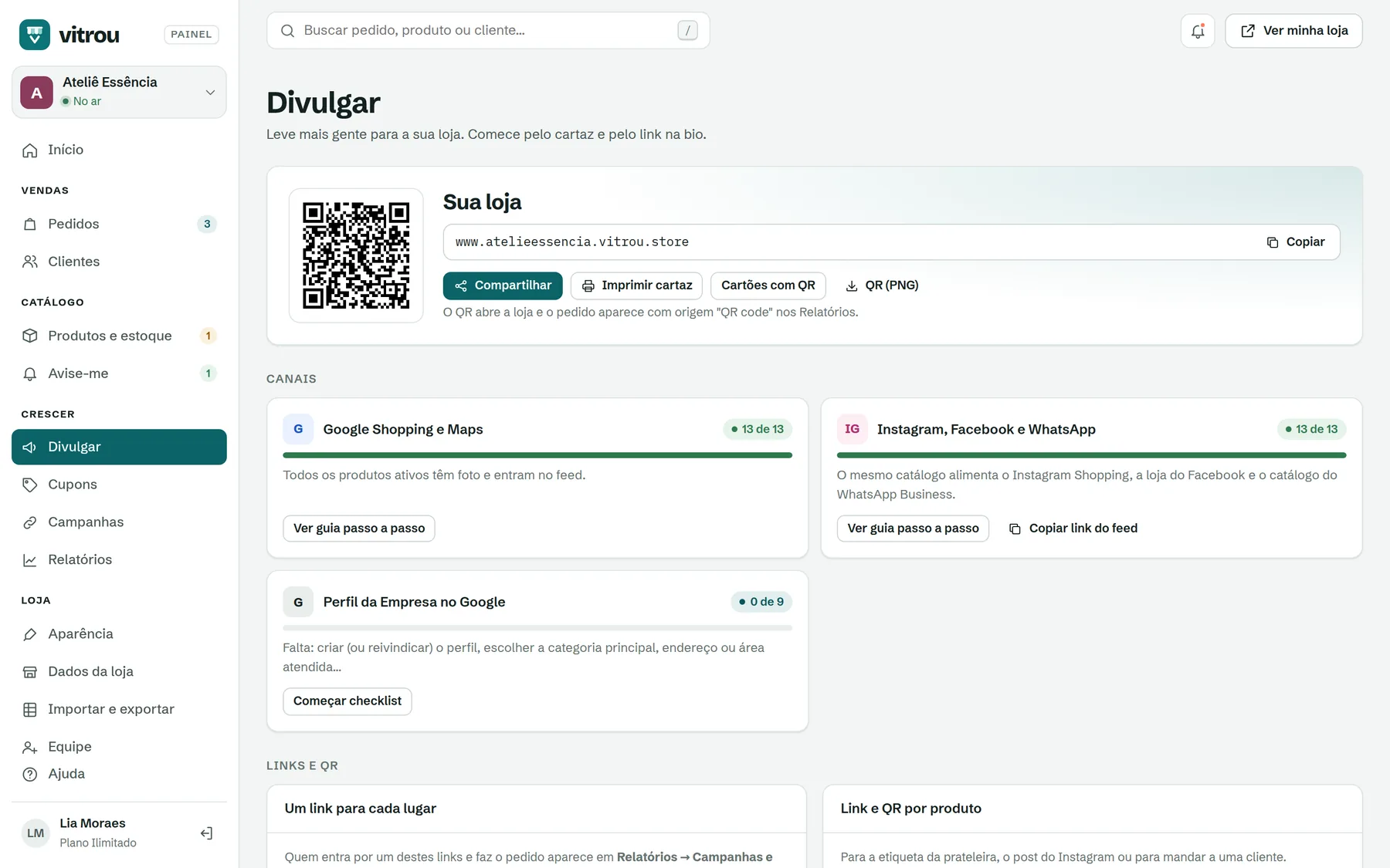 Tela Divulgar com QR, mensagem de novidades e canais
