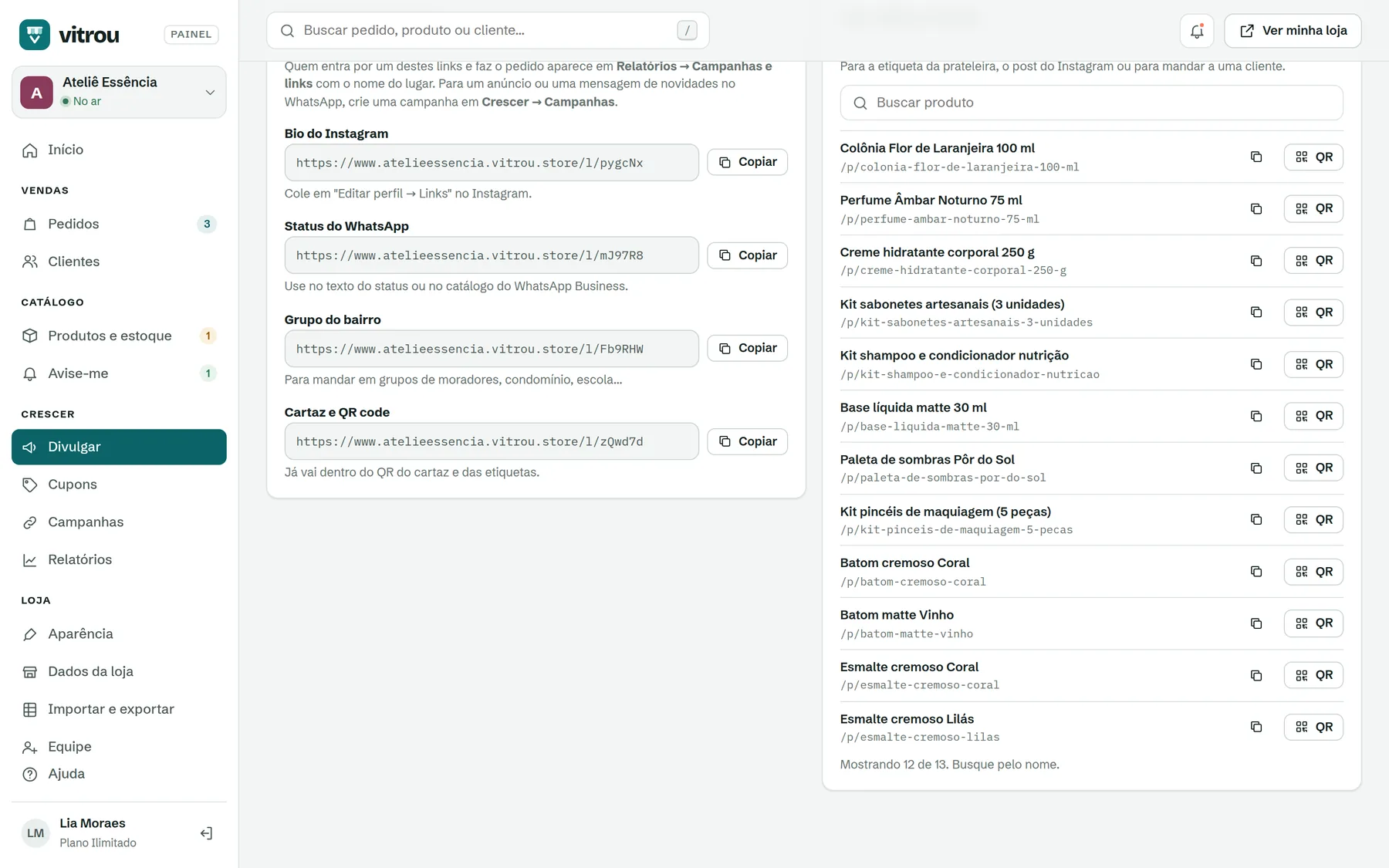 Links com origem e QR por produto
