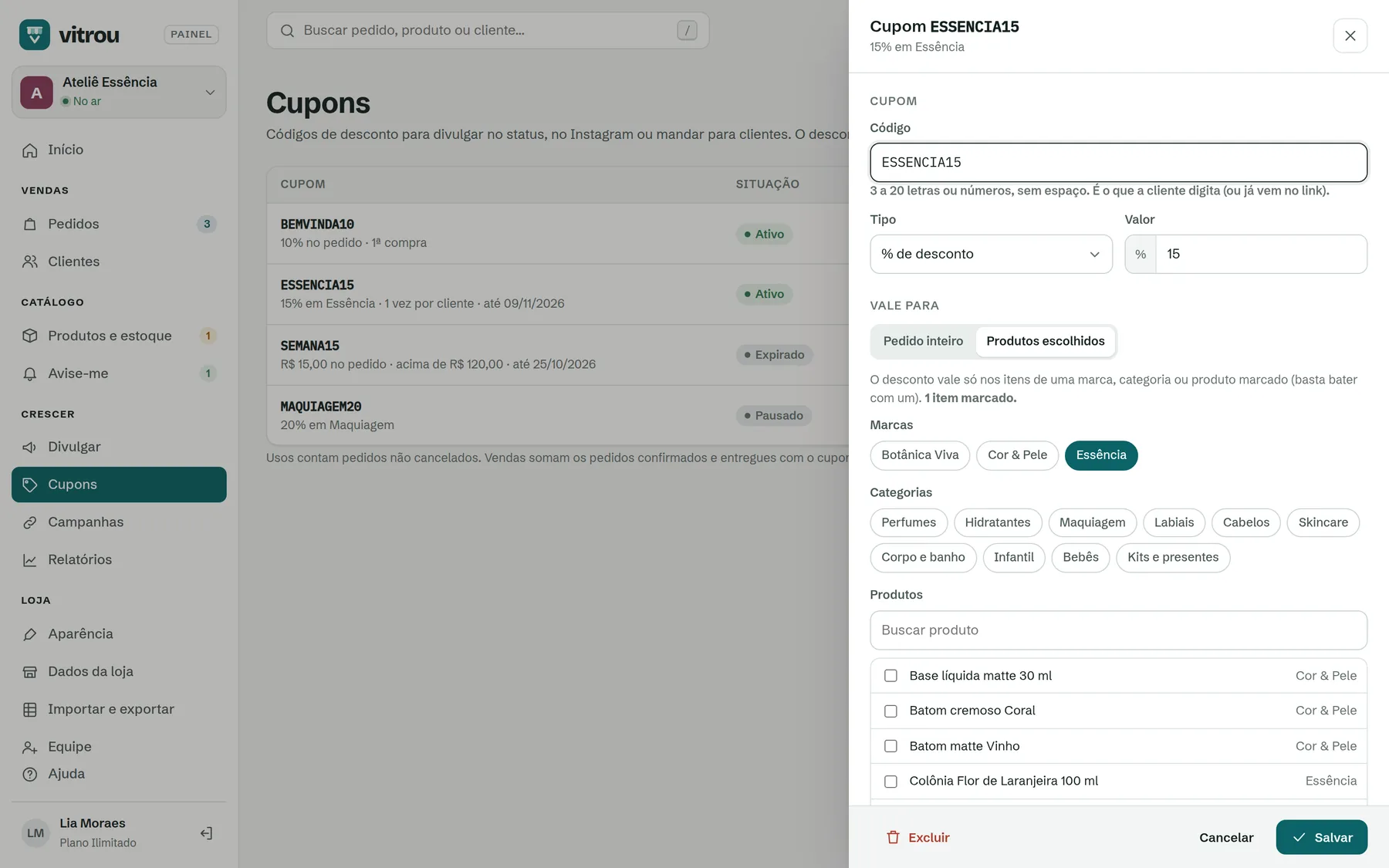 Cupom de 15% na marca Essência