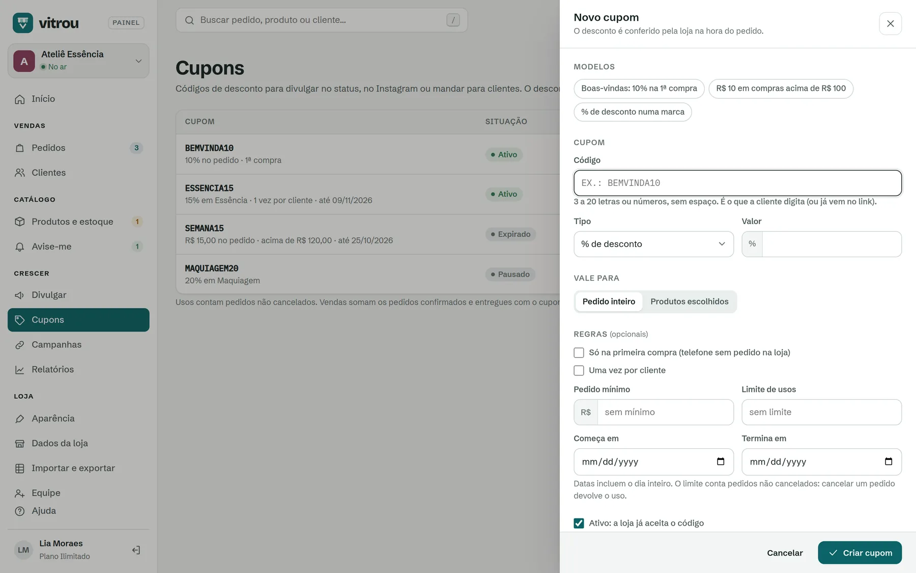 Painel de novo cupom com modelos