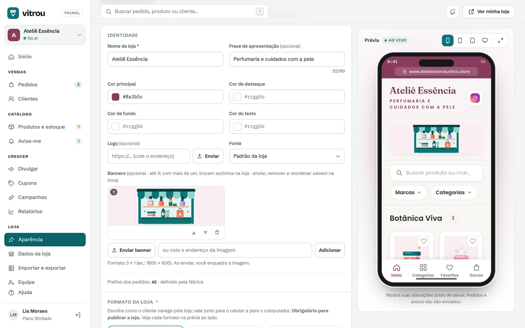 Seção Identidade com cores, logo e prévia no celular