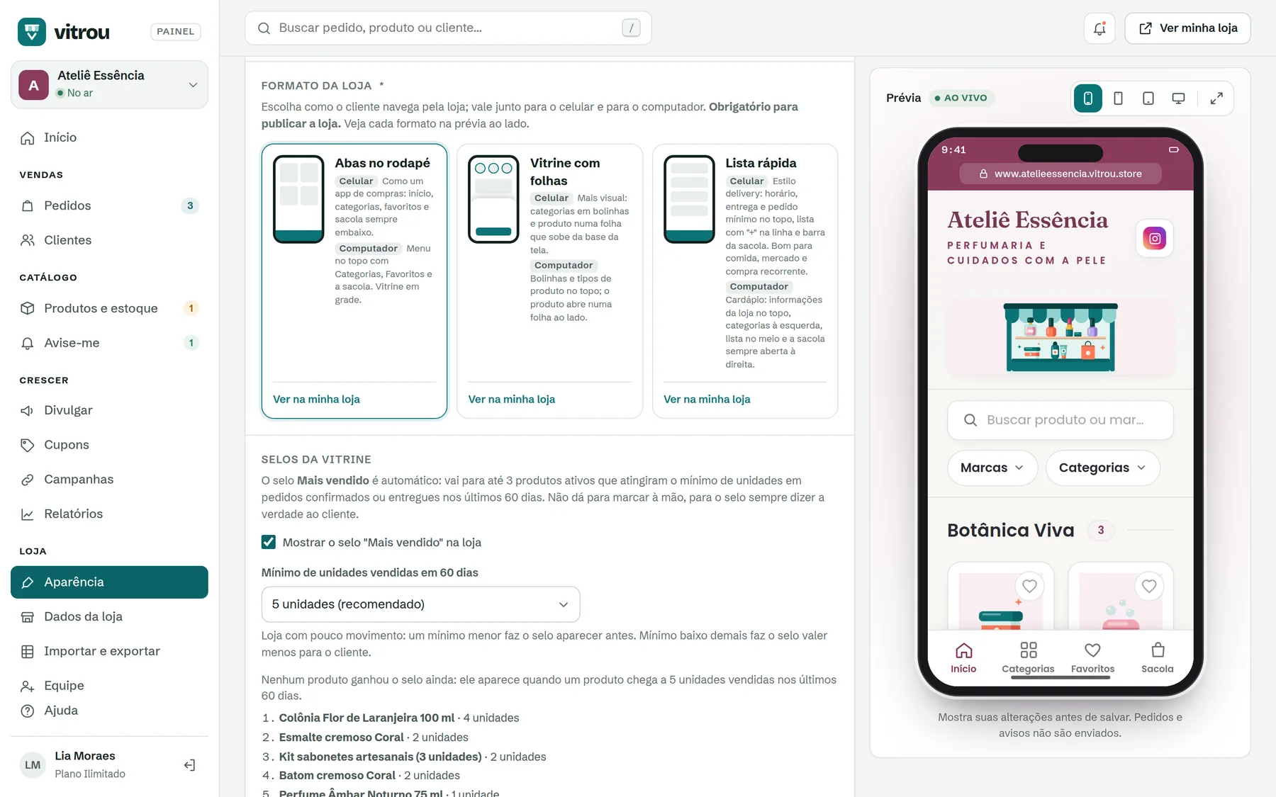 Seção Formato da loja com os três formatos