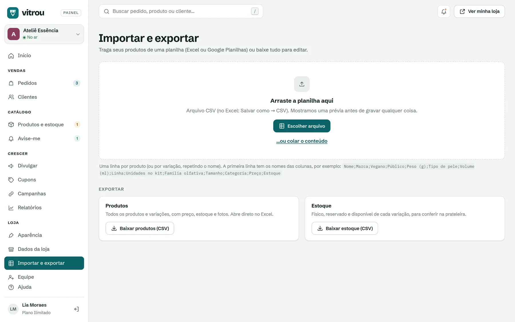 Tela de importar e exportar