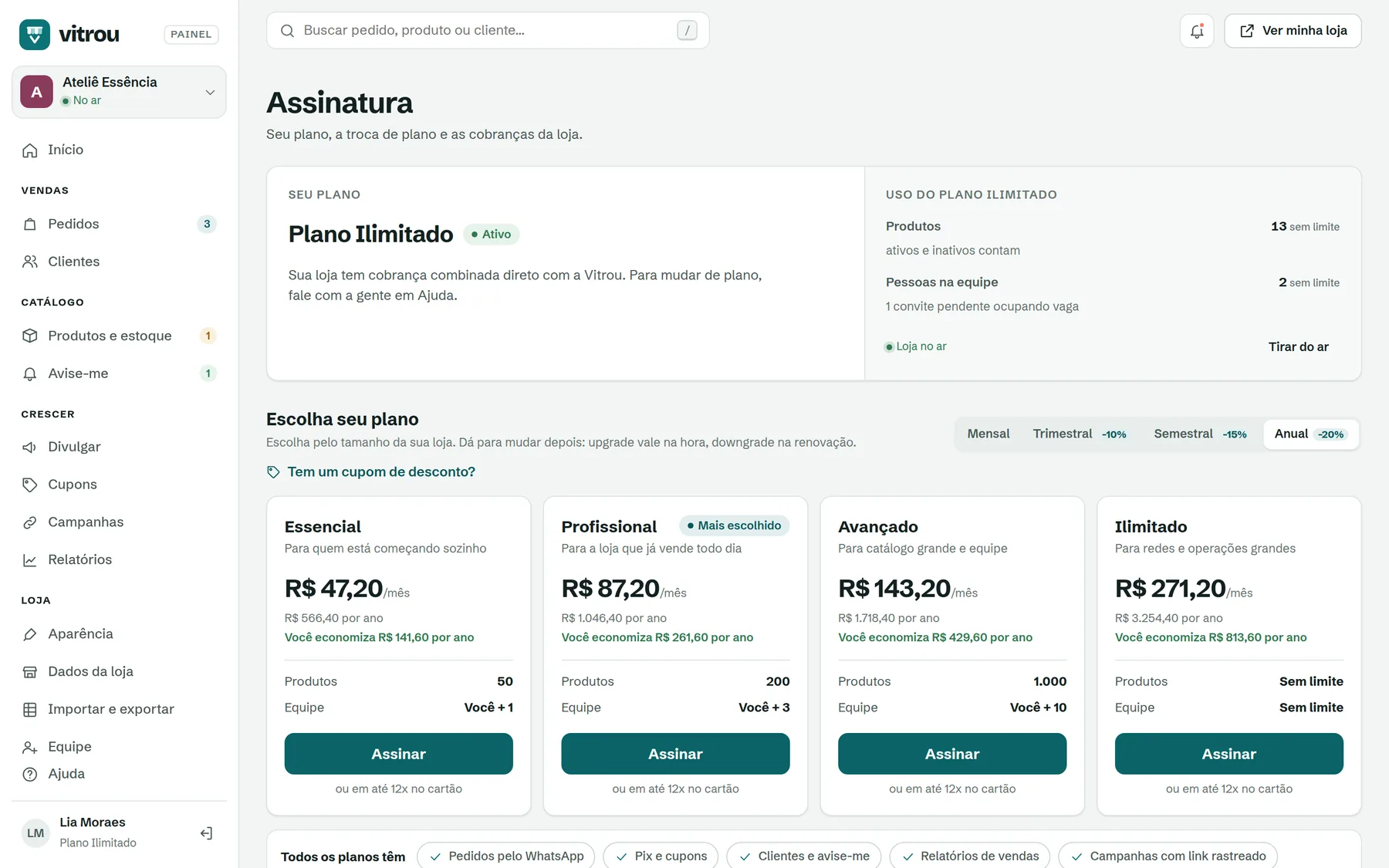 Tela Assinatura com uso do plano e os planos