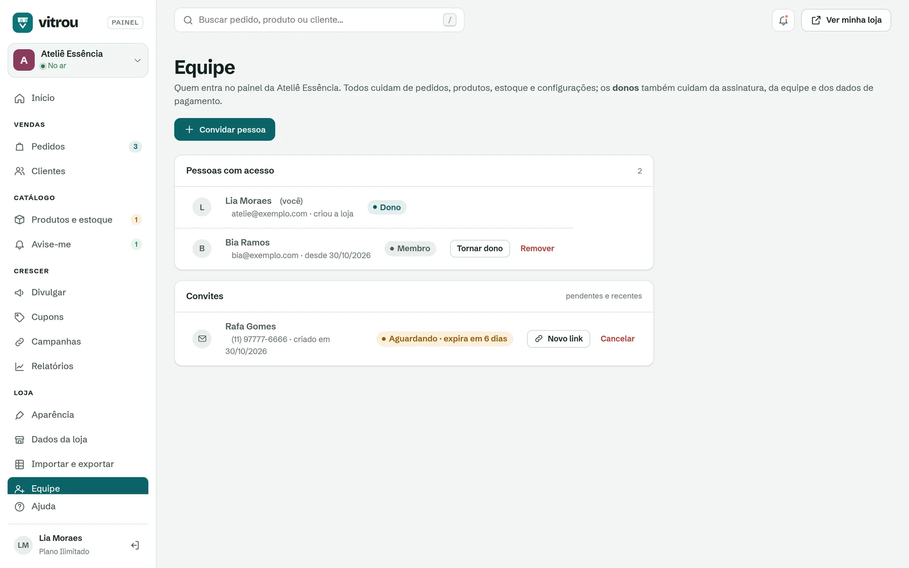 Tela Equipe com pessoas e convites