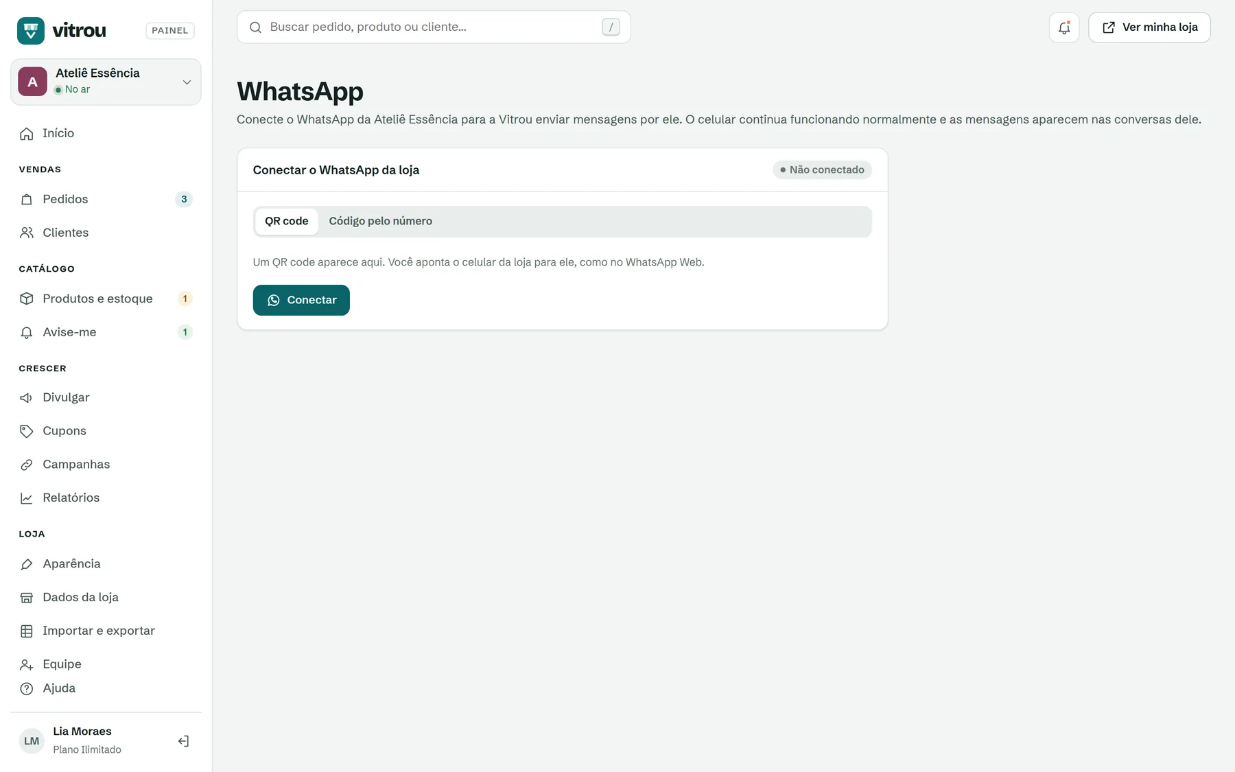 Tela WhatsApp com as opções QR code e código pelo número