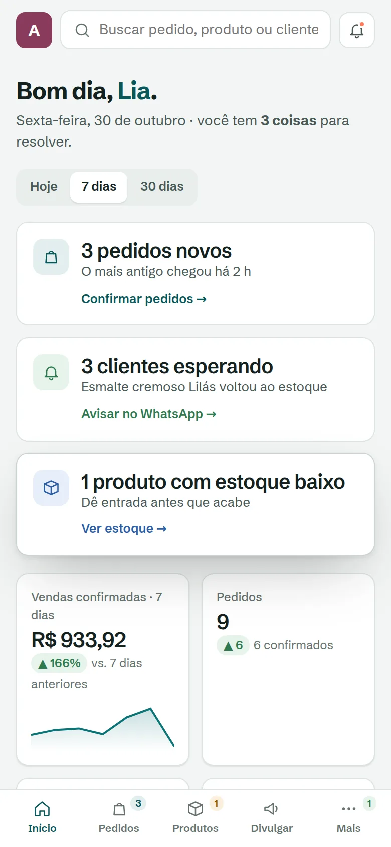 Início do painel no celular