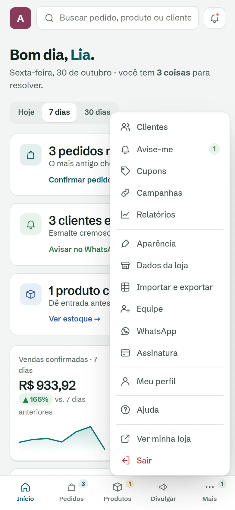 Menu Mais do painel no celular